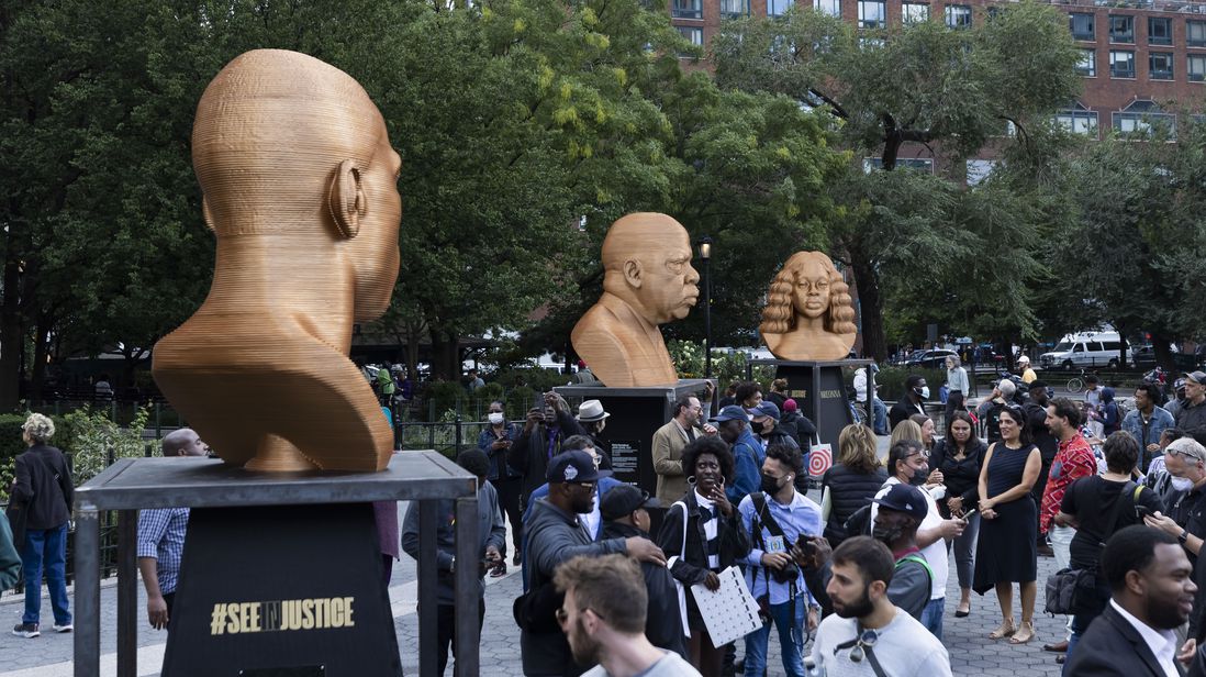 Three sculptures by artist Chris Carnabuci that make up the new 'SEEINJUSTICE' public art exhibit in Union Square, portraying George Floyd, John Lewis, Breonna Taylor